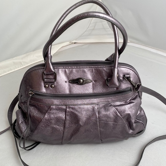 Elliot Lucca smooth metallic gunmetal gray satchel handbag - Picture 1 of 8